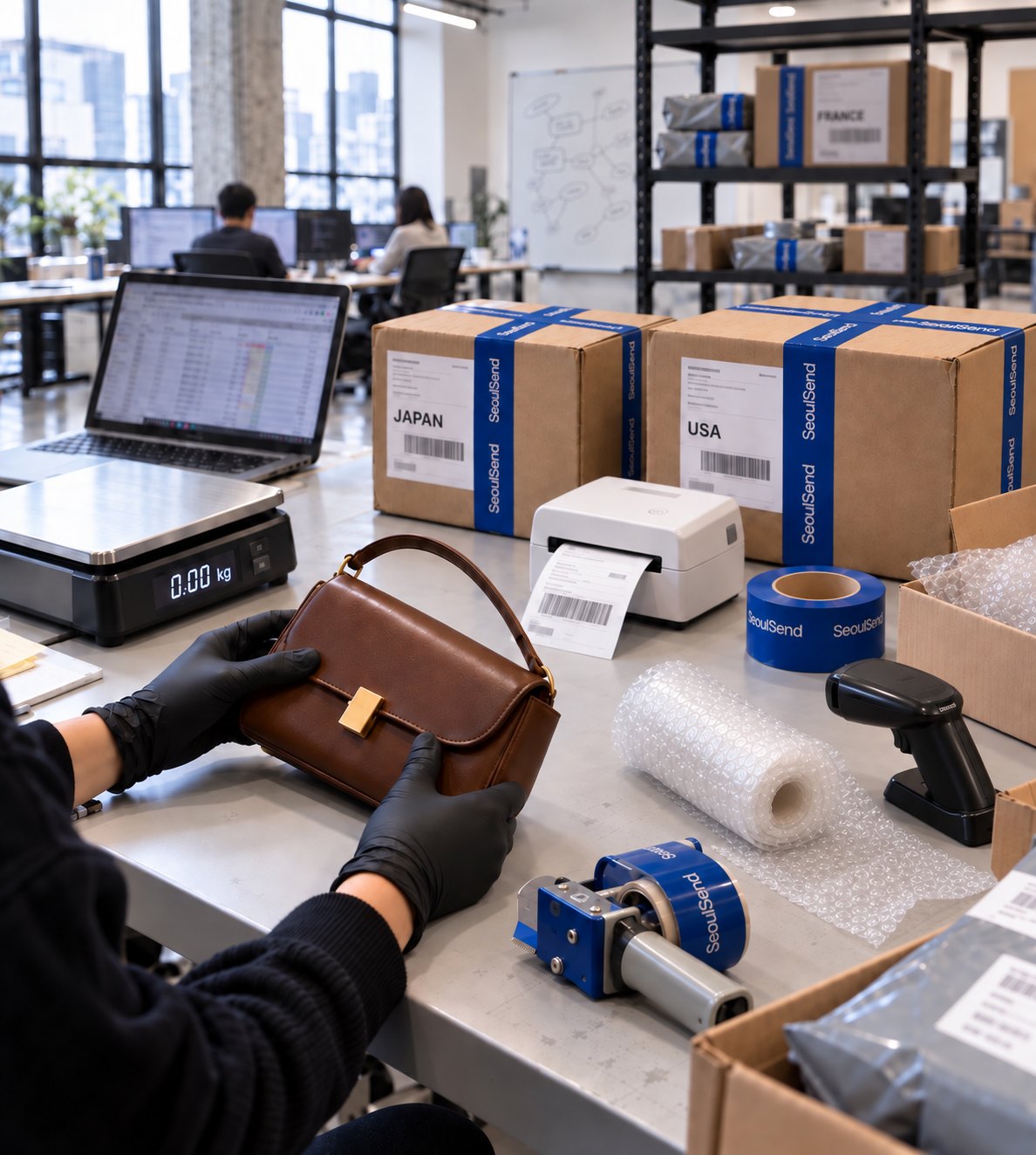 A SeoulSend team member in black gloves checking a brown leather bag at a packing desk, with boxes labelled JAPAN and USA