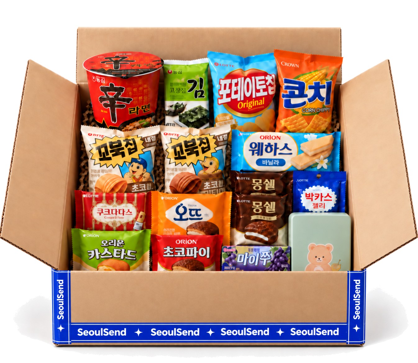 A SeoulSend box packed with Korean snacks: Shin Ramyun, seaweed, chips, Choco Pie and more
